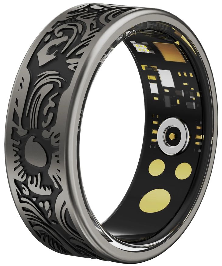 A high-tech smart ring worn on an index finger reflecting light from its thermal sensors